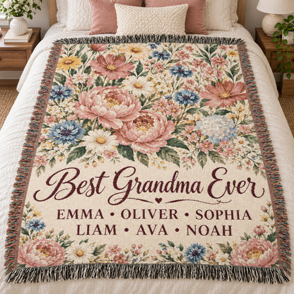 Personalized Grandmother Woven Blanket Tapestry, Grandma Nana Floral Throw Custom Kids Names Mimi First Time Cotton Small Large Wall Hanging
