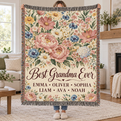 Personalized Grandmother Woven Blanket Tapestry, Grandma Nana Floral Throw Custom Kids Names Mimi First Time Cotton Small Large Wall Hanging