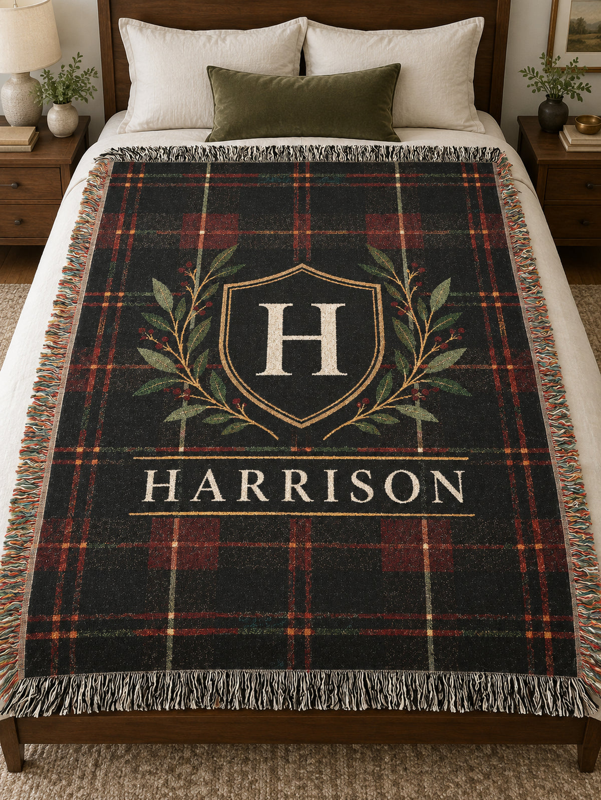 Custom Family Name Woven Throw Blanket Tapestry, Plaid Holiday Christmas Personalized Cotton Fringe Adult Kids Small Large Bed 50x60 Hanging