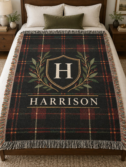 Custom Family Name Woven Throw Blanket Tapestry, Plaid Holiday Christmas Personalized Cotton Fringe Adult Kids Small Large Bed 50x60 Hanging