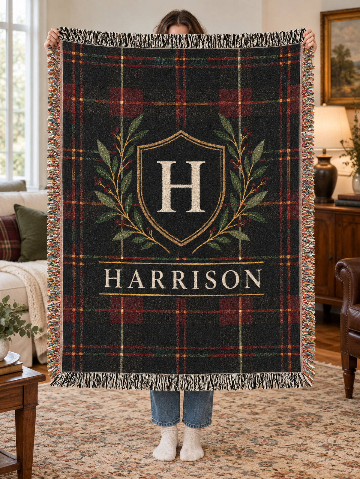 Custom Family Name Woven Throw Blanket Tapestry, Plaid Holiday Christmas Personalized Cotton Fringe Adult Kids Small Large Bed 50x60 Hanging