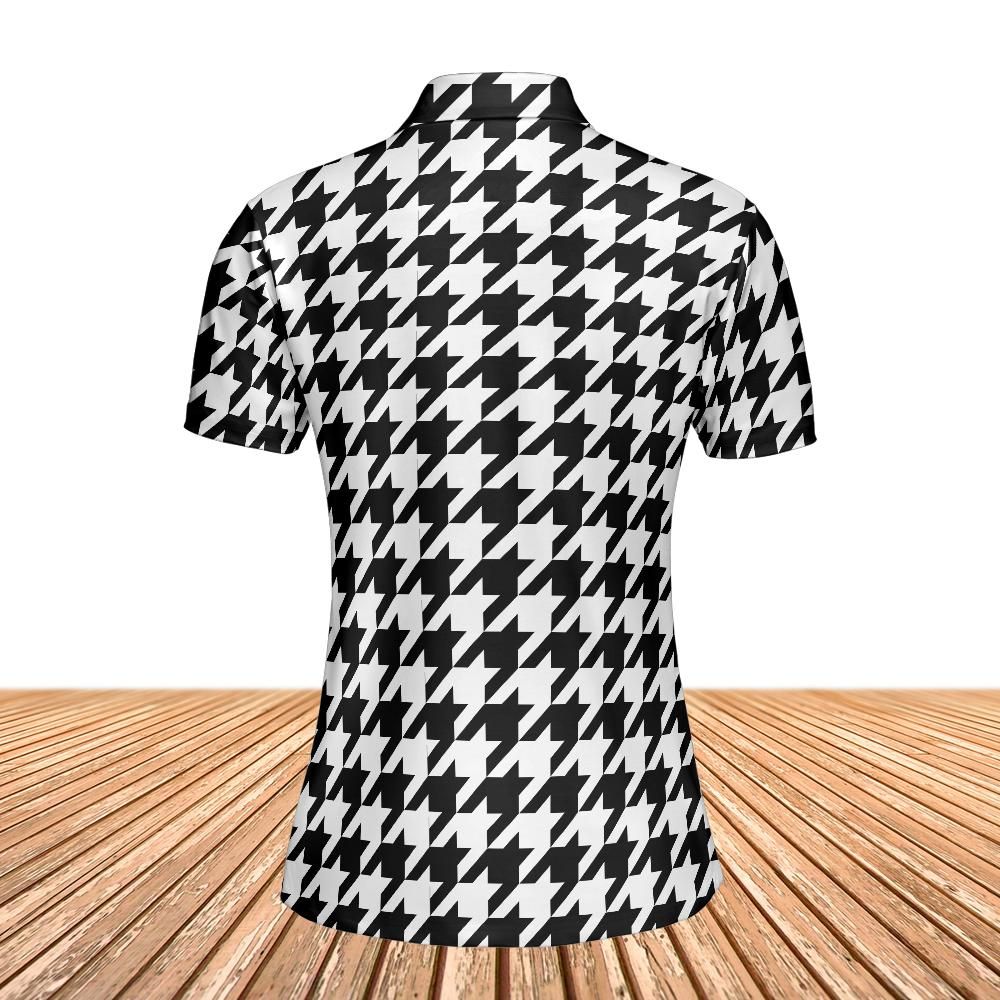 Houndstooth Women Polo Shirt, Black White Slim Fit Short Sleeve Collared Casual Summer Buttoned Down Up Sports Golf Tee Top