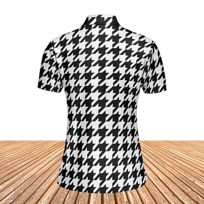 Houndstooth Women Polo Shirt, Black White Slim Fit Short Sleeve Collared Casual Summer Buttoned Down Up Sports Golf Tee Top