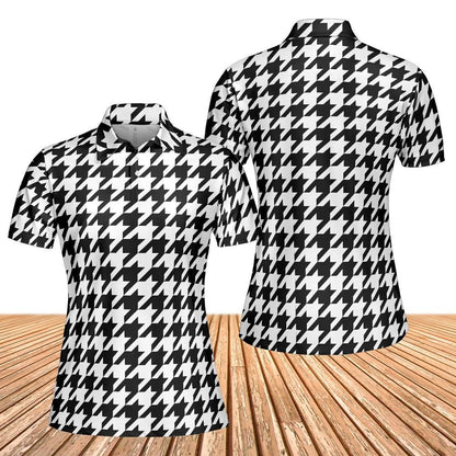 Houndstooth Women Polo Shirt, Black White Slim Fit Short Sleeve Collared Casual Summer Buttoned Down Up Sports Golf Tee Top