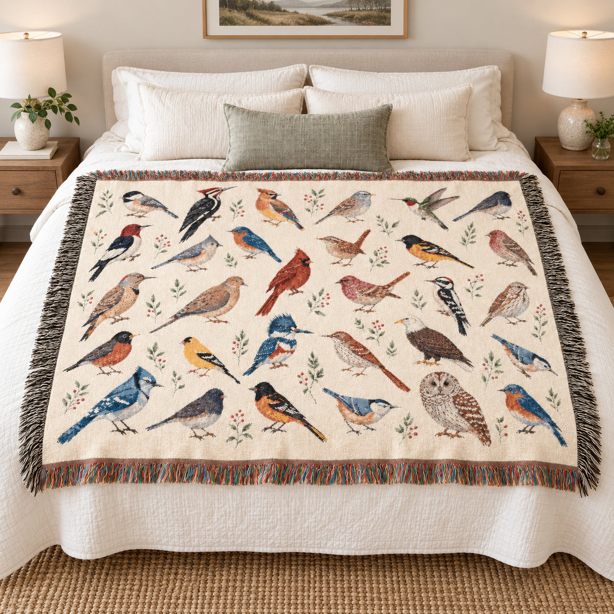 Birds Woven Blanket Tapestry, Birdwatching North American Eagle Owl Backyard Throw Small Large Cotton Small Large Wall Hanging Decorative