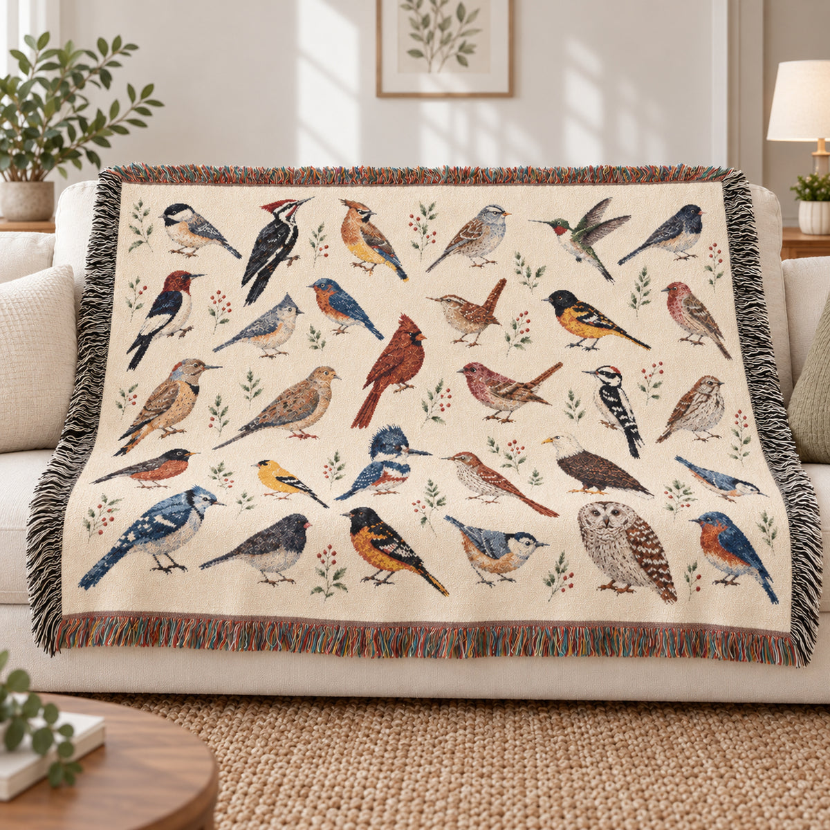 Birds Woven Blanket Tapestry, Birdwatching North American Eagle Owl Backyard Throw Small Large Cotton Small Large Wall Hanging Decorative