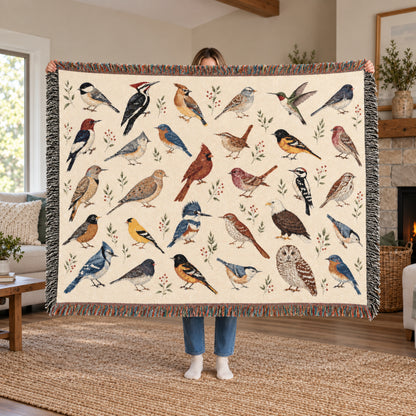 Birds Woven Blanket Tapestry, Birdwatching North American Eagle Owl Backyard Throw Small Large Cotton Small Large Wall Hanging Decorative