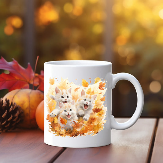 Cats Playing Fall Coffee Mug, Autumn Leaves Kittens Funny Thanksgiving Cute Art Ceramic Cup Tea Hot Chocolate Unique Cool Novelty