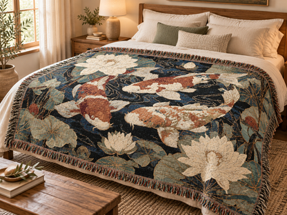 Koi Fish Woven Throw Blanket Tapestry, Japanese Lilly Pond Zen Cotton Fringe Cozy Warm Adult Kids Small Large Sofa Bed 50x60 Decorative