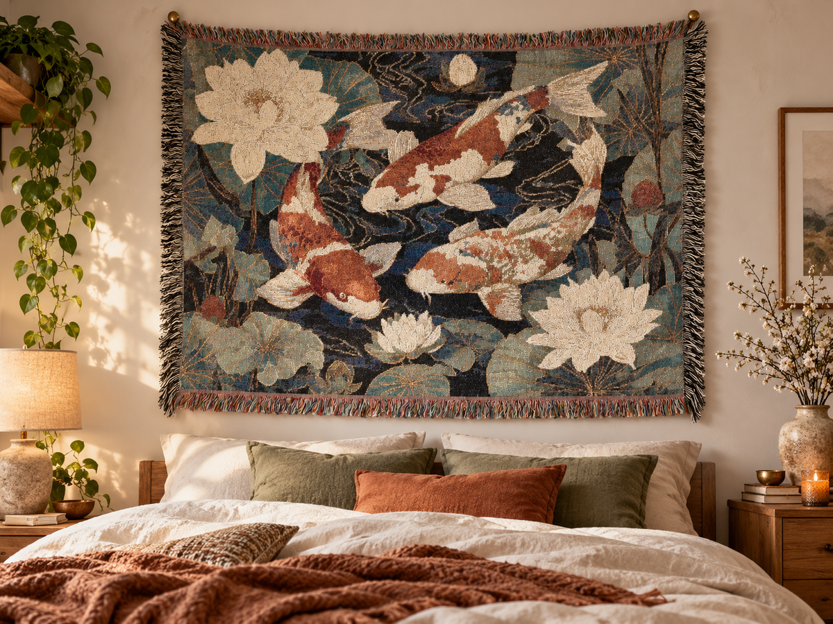 Koi Fish Woven Throw Blanket Tapestry, Japanese Lilly Pond Zen Cotton Fringe Cozy Warm Adult Kids Small Large Sofa Bed 50x60 Decorative