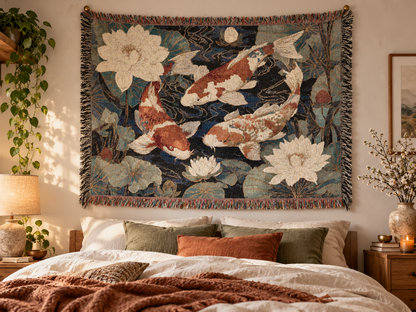 Koi Fish Woven Throw Blanket Tapestry, Japanese Lilly Pond Zen Cotton Fringe Cozy Warm Adult Kids Small Large Sofa Bed 50x60 Decorative