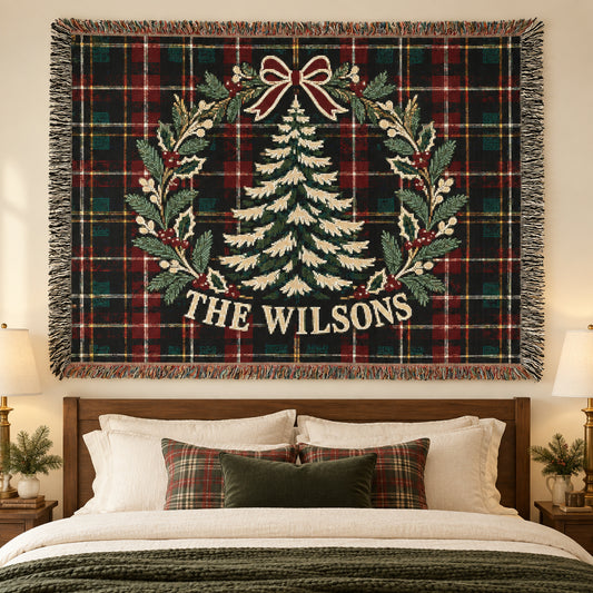 Custom Christmas Woven Throw Blanket Tapestry, Personalized Family Name Holiday Cotton Fringe Adult Kids Small Large Bed 50x60 Wall Hanging