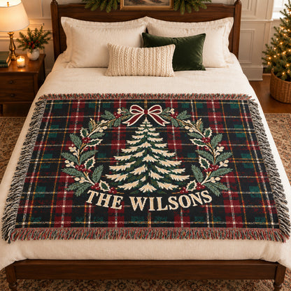 Custom Christmas Woven Throw Blanket Tapestry, Personalized Family Name Holiday Cotton Fringe Adult Kids Small Large Bed 50x60 Wall Hanging