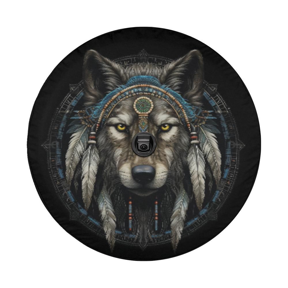 Native American Wolf Spare Tire Cover, Animal Spare Back Wheel Cover Custom RV Camper Backup Tire Camera Hole Cars Gift Women Men