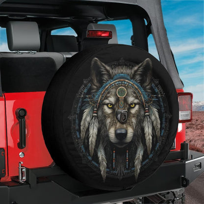 Native American Wolf Spare Tire Cover, Animal Spare Back Wheel Cover Custom RV Camper Backup Tire Camera Hole Cars Gift Women Men