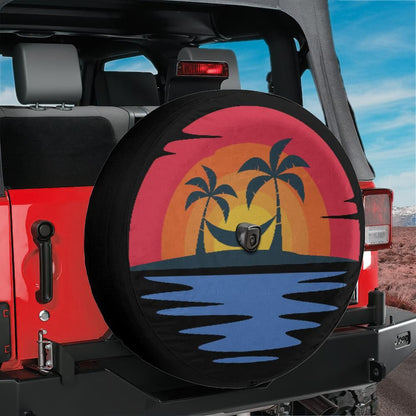 Beach Spare Tire Cover, Sunset Backup Camera Hole Rear Wheel Accessories Sun Tropical Palm Trees Custom Unique Design Trailer Camper RV Back
