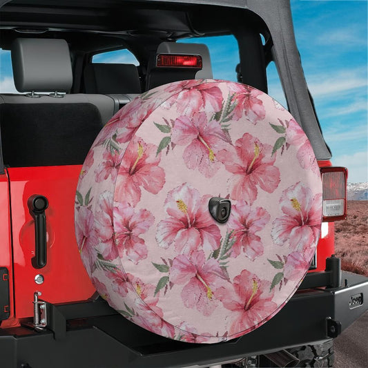 Pink Hibiscus Flowers Spare Tire Cover, Hawaiian Floral Backup Camera Hole Unique Back Extra Wheel Cars RV Men Women Girls Trailer Campers
