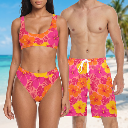 Matching Couple Swimwear Set, Tropical Hibiscus Bikini Set Pink Orange Floral Top High Waisted Cheeky Bottom Swimsuit Bathing Suit Two Piece