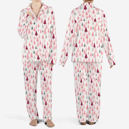 Pink Christmas Trees Women Pajamas Set, Xmas Ladies Female 2 Piece Pants Print Long Sleeve Top PJ Holiday Cozy Sleep Sleepwear