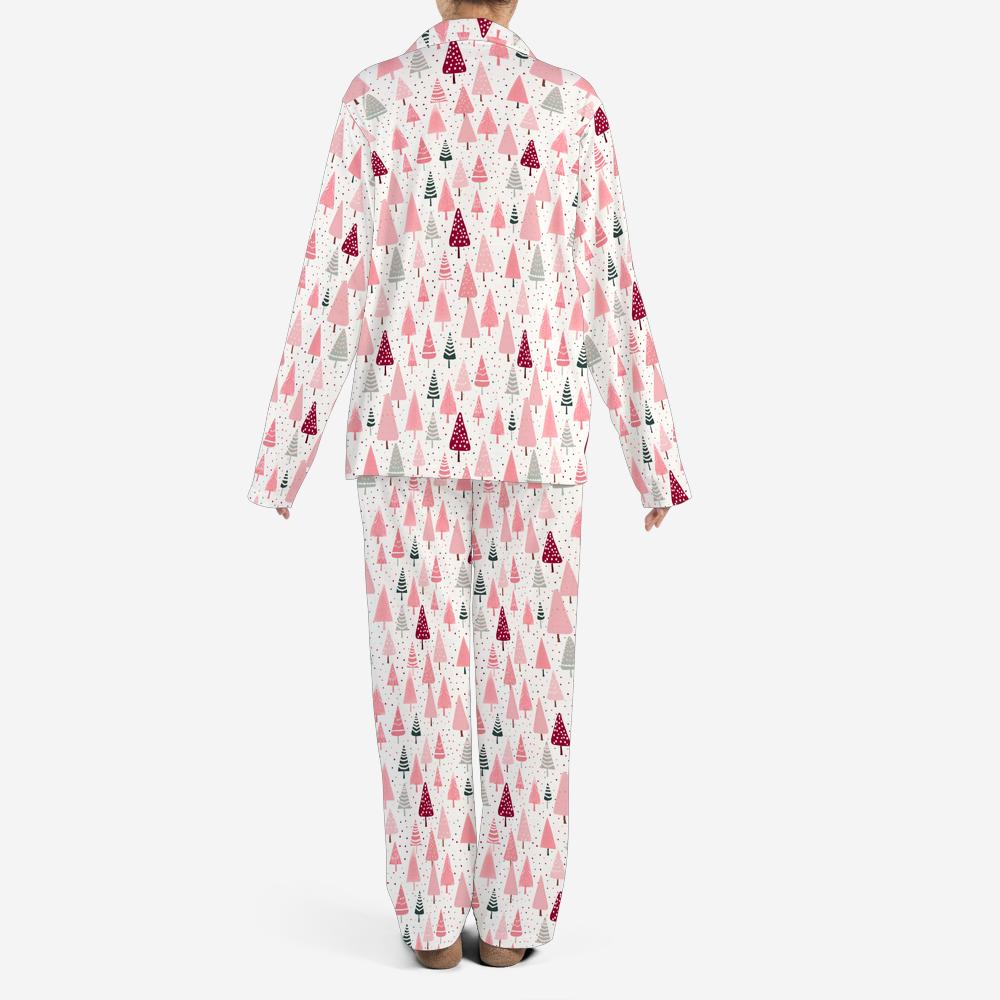 Pink Christmas Trees Women Pajamas Set, Xmas Ladies Female 2 Piece Pants Print Long Sleeve Top PJ Holiday Cozy Sleep Sleepwear