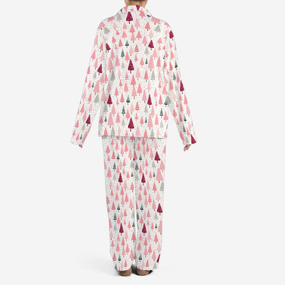 Pink Christmas Trees Women Pajamas Set, Xmas Ladies Female 2 Piece Pants Print Long Sleeve Top PJ Holiday Cozy Sleep Sleepwear