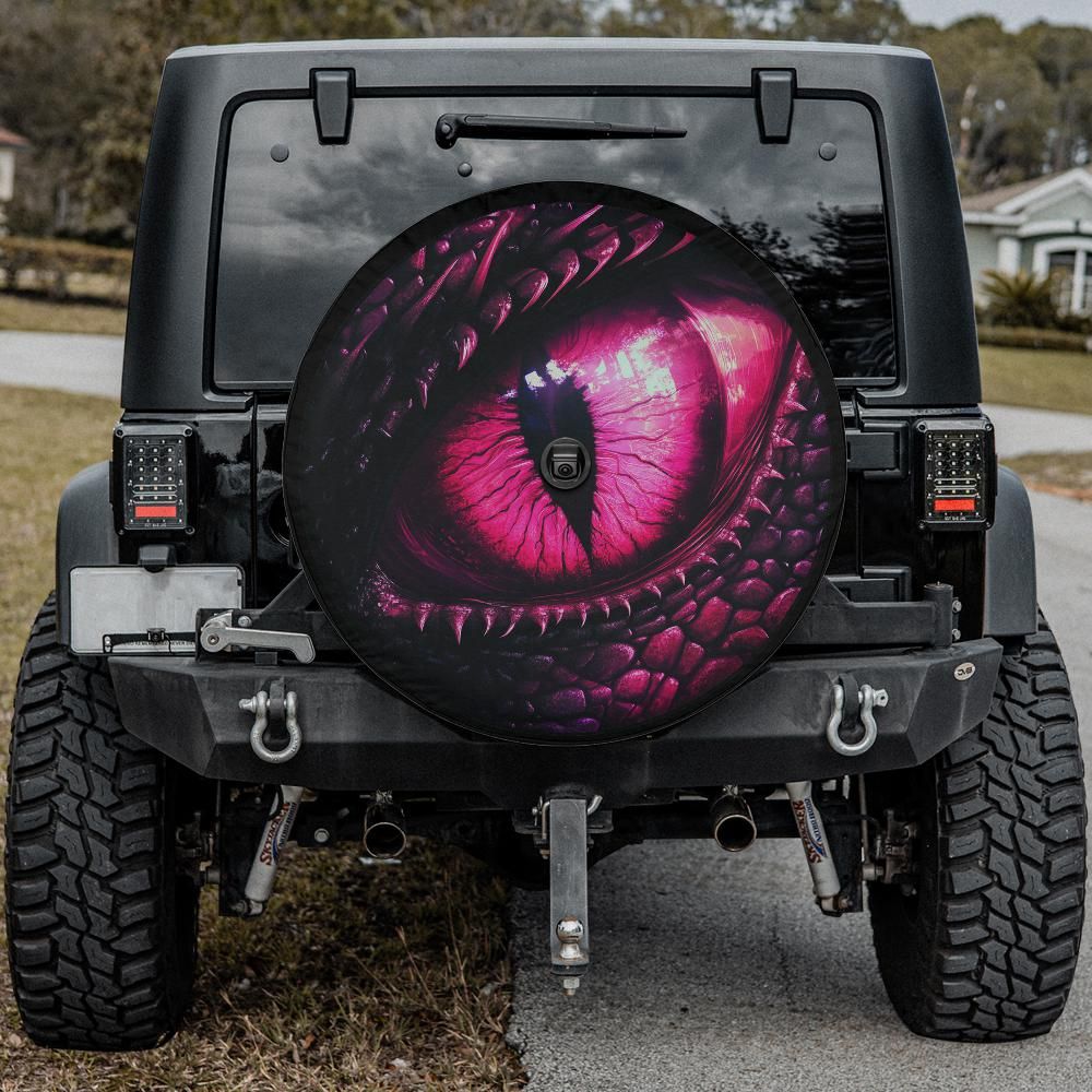 Pink Dragon Eye Spare Tire Cover, Car Back Extra Rear Wheel Accessories Custom Unique Design Backup Camera Hole Auto RV Camper Trailer