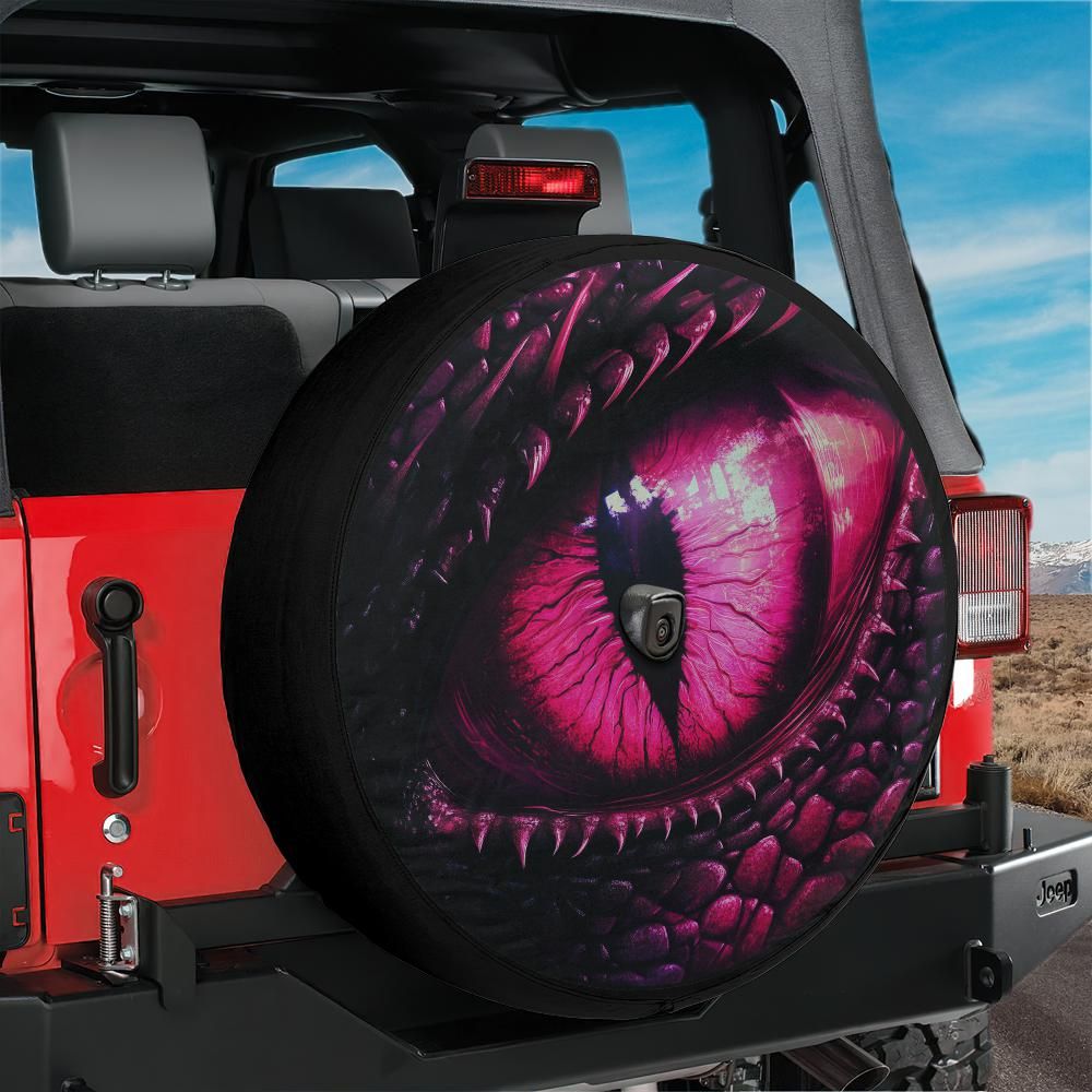 Pink Dragon Eye Spare Tire Cover, Car Back Extra Rear Wheel Accessories Custom Unique Design Backup Camera Hole Auto RV Camper Trailer