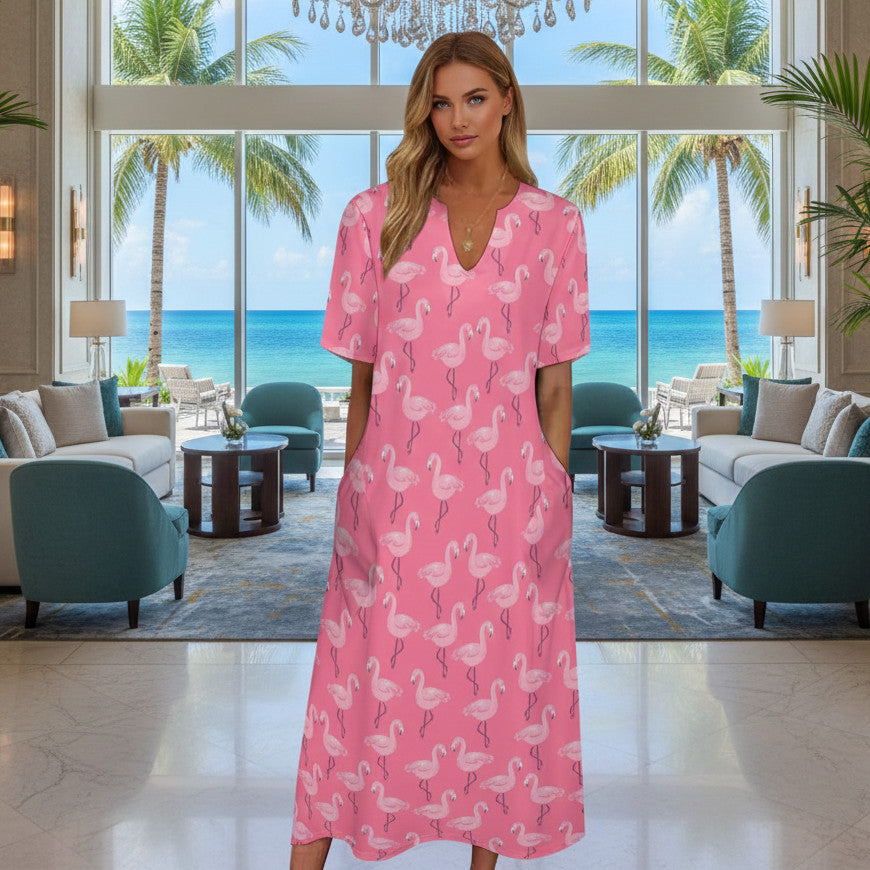 Pink Flamingo Women Maxi Dress, V-Neck Print Short Sleeve Evening Summer Cocktail Ladies Handmade Designer Plus Size Party Outfit Pockets