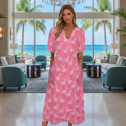 Pink Flamingo Women Maxi Dress, V-Neck Print Short Sleeve Evening Summer Cocktail Ladies Handmade Designer Plus Size Party Outfit Pockets