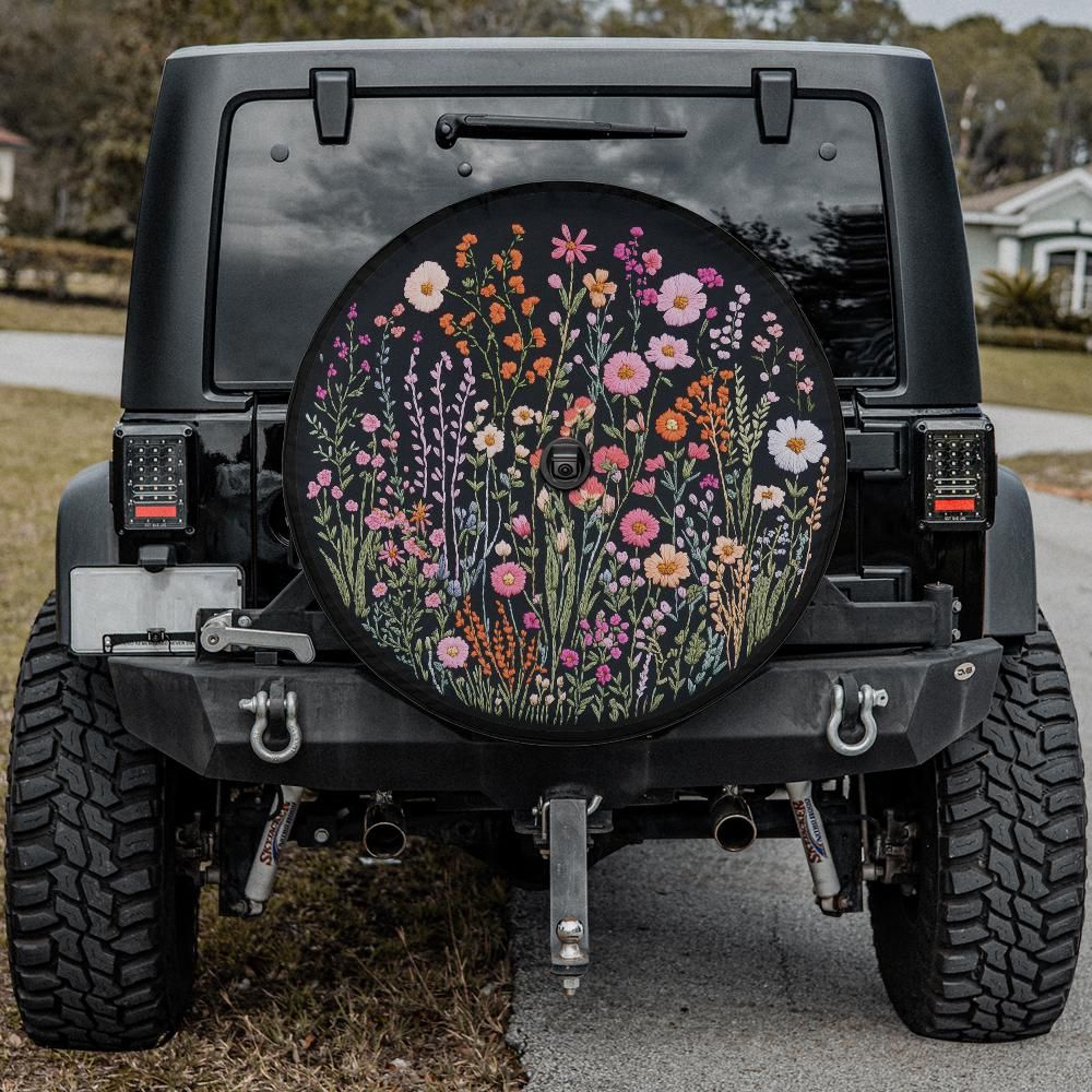Wild Flowers Spare Tire Cover, Faux Embroidery Pastel Printed Grassy Botanicals Floral Wheel Unique Backup Camera Hole Trailer Back Women RV - Starcove Fashion