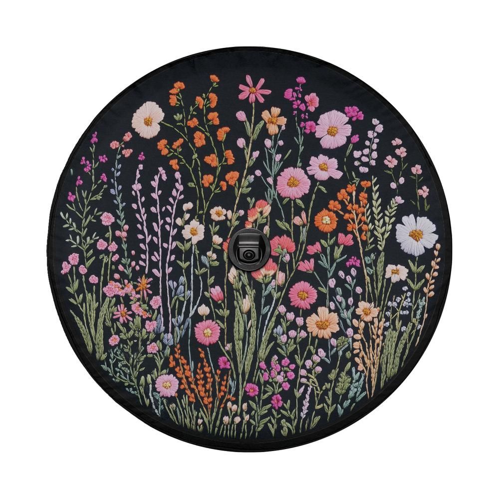 Wild Flowers Spare Tire Cover, Faux Embroidery Pastel Printed Grassy Botanicals Floral Wheel Unique Backup Camera Hole Trailer Back Women RV - Starcove Fashion