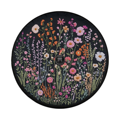 Wild Flowers Spare Tire Cover, Faux Embroidery Pastel Printed Grassy Botanicals Floral Wheel Unique Backup Camera Hole Trailer Back Women RV - Starcove Fashion