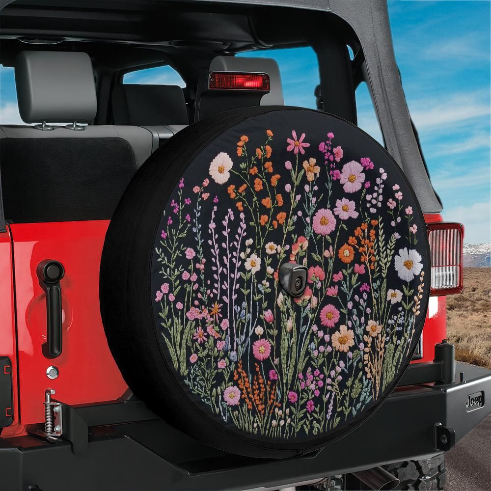 Wild Flowers Spare Tire Cover, Faux Embroidery Pastel Printed Grassy Botanicals Floral Wheel Unique Backup Camera Hole Trailer Back Women RV - Starcove Fashion