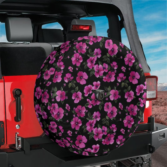 Pink Flowers Spare Tire Cover, Floral Black Backup Camera Hole Unique Back Extra Wheel Cars RV Men Women Girls Trailer Campers