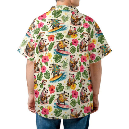 Funny Opossum Men Hawaiian Shirt,  Possum Surf Print Vintage Retro Summer Hawaii Aloha Tropical Beach Plus Size Cool Button Up Shirt