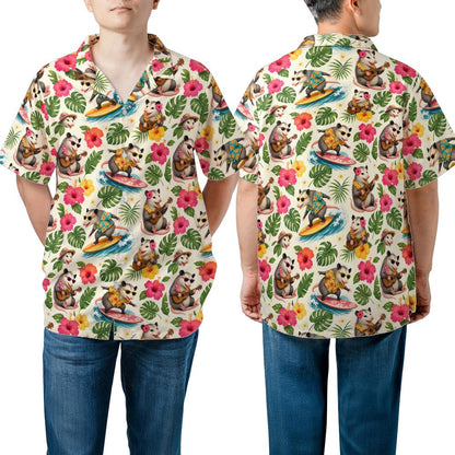 Funny Opossum Men Hawaiian Shirt,  Possum Surf Print Vintage Retro Summer Hawaii Aloha Tropical Beach Plus Size Cool Button Up Shirt