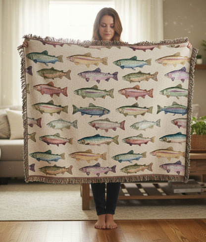 Rainbow Trout Woven Throw Blanket Tapestry, Fishing Lake House Camping Cotton Fringe Warm Adult Kids Small Large Sofa Bed 50x60 Decorative