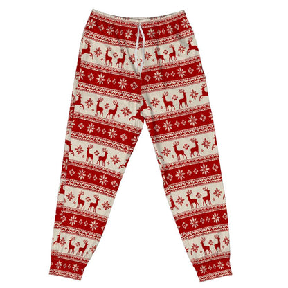Red Reindeer Pajamas Set, Nordic Christmas Fair Isle Unisex Men Women Ladies 2 Piece Pants Print Long Sleeve Raglan Top PJ Holiday Sleepwear