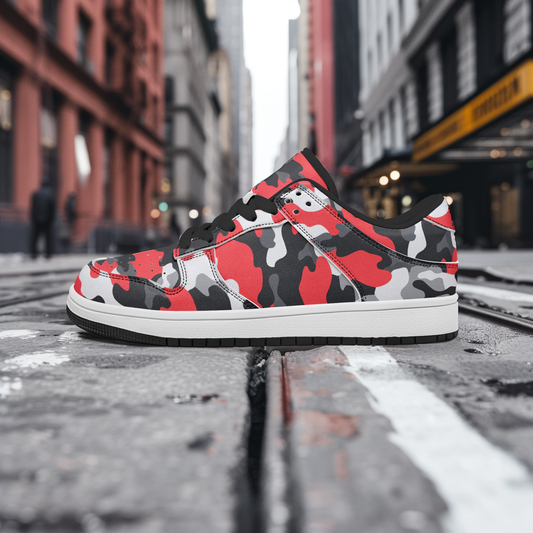 Black Red White Camo Vegan Leather Lace Up Sneaker, Camouflage Women Men Ladies Male Vegan Leather Designer Casual Low Top Lace Up Shoes