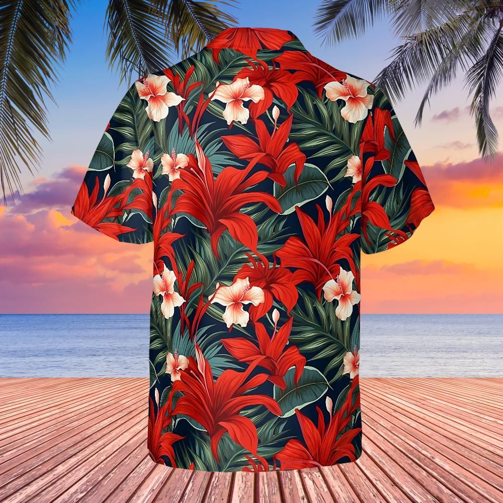 Red Tropical Flowers Men Hawaiian shirt, Floral Print Vintage Summer Hawaii Aloha Moisture Wicking Beach Plus Size Cool Button Up Shirt