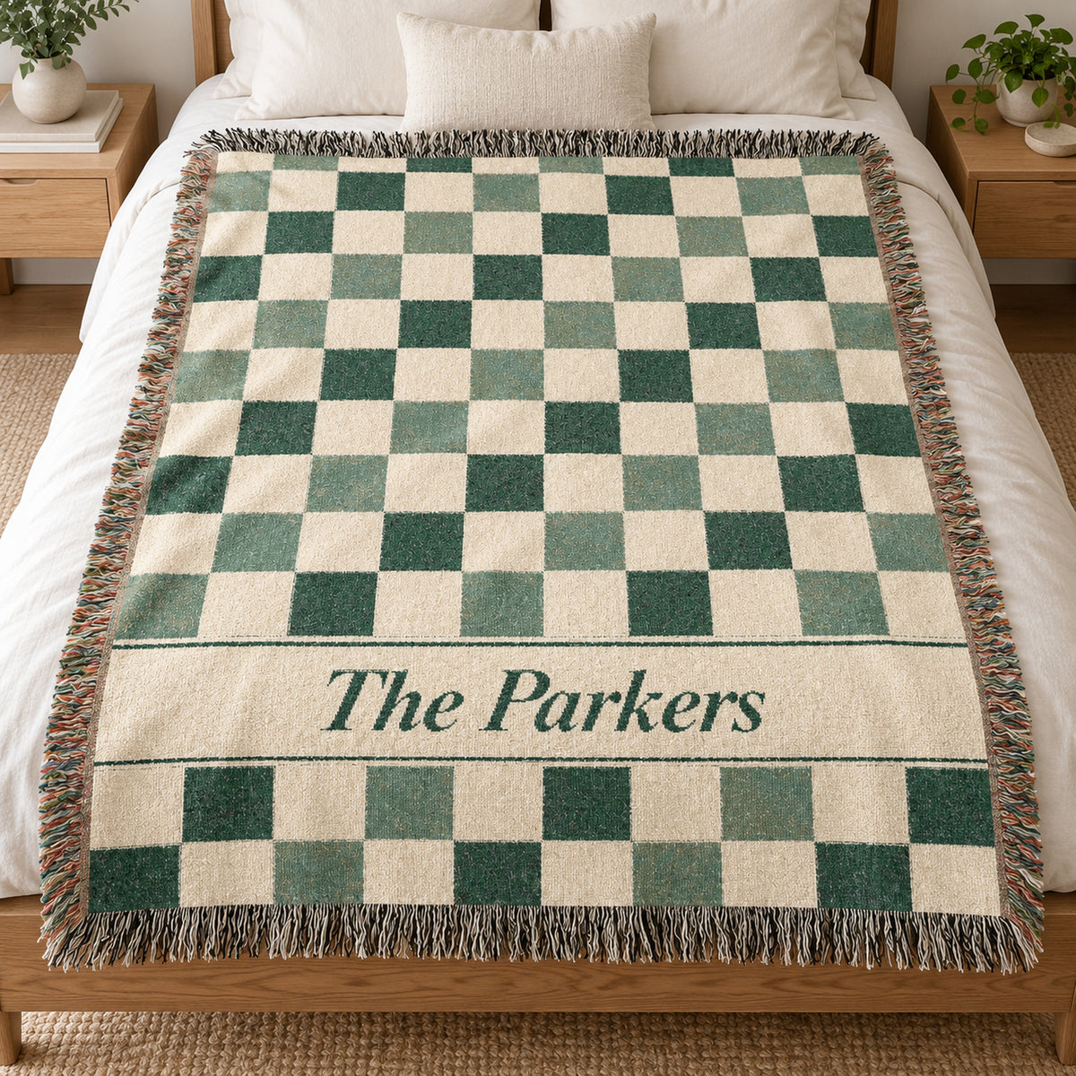Custom Checkered Couples Woven Blanket Tapestry, Green Sage Throw Family Name Personalized Wedding Anniversary Engagement Cotton Small Large