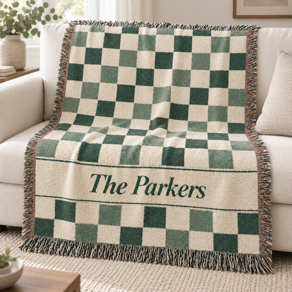 Custom Checkered Couples Woven Blanket Tapestry, Green Sage Throw Family Name Personalized Wedding Anniversary Engagement Cotton Small Large