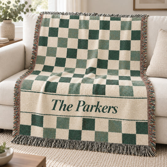 Custom Checkered Couples Woven Blanket Tapestry, Green Sage Throw Family Name Personalized Wedding Anniversary Engagement Cotton Small Large