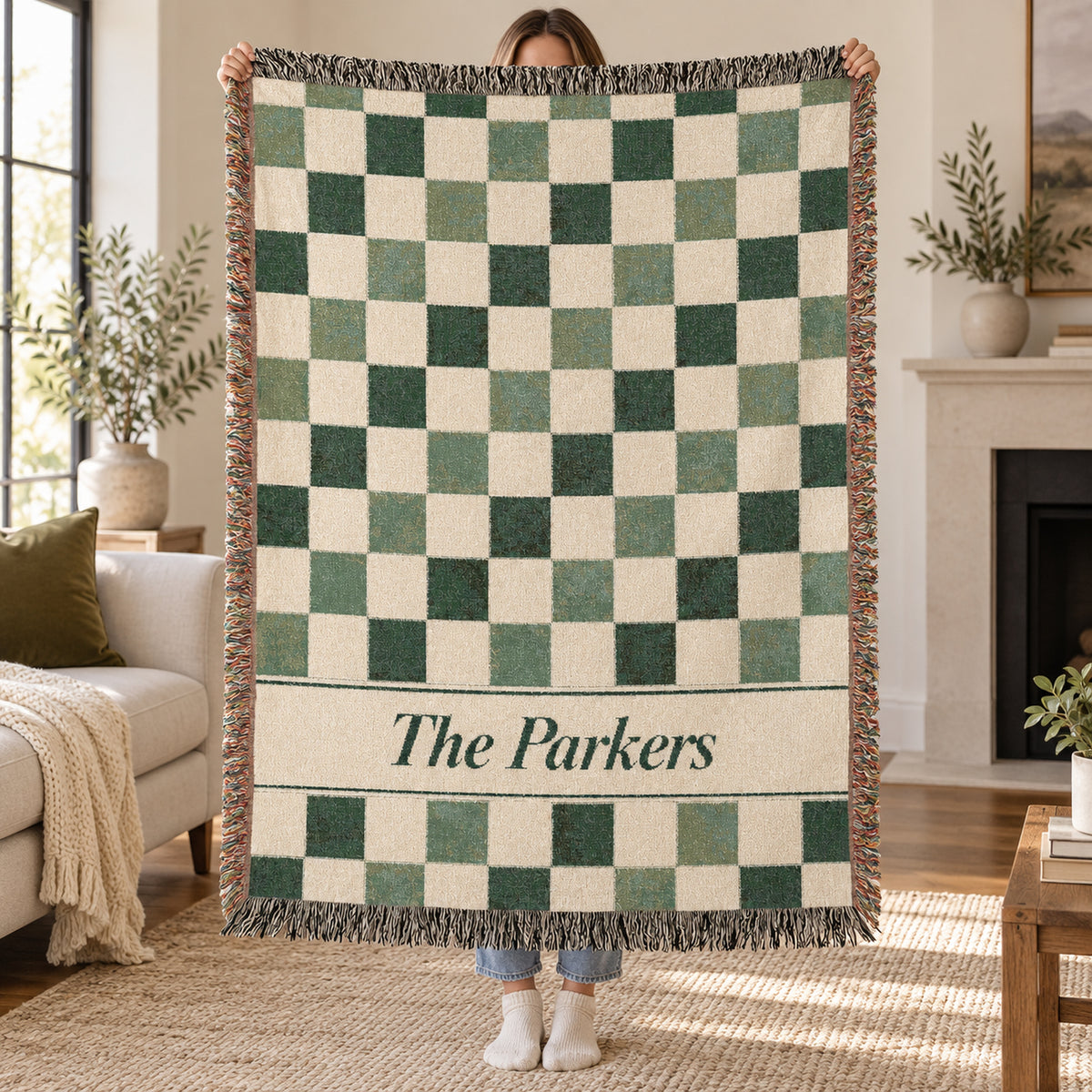 Custom Checkered Couples Woven Blanket Tapestry, Green Sage Throw Family Name Personalized Wedding Anniversary Engagement Cotton Small Large