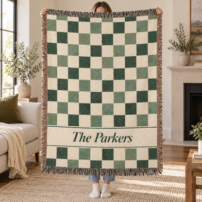 Custom Checkered Couples Woven Blanket Tapestry, Green Sage Throw Family Name Personalized Wedding Anniversary Engagement Cotton Small Large