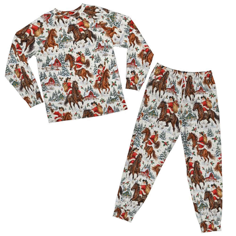 Santa Riding Horse Pajamas Set, Western Christmas Unisex Men Women Ladies 2 Piece Pants Print Long Sleeve Raglan Top PJ Holiday Sleepwear