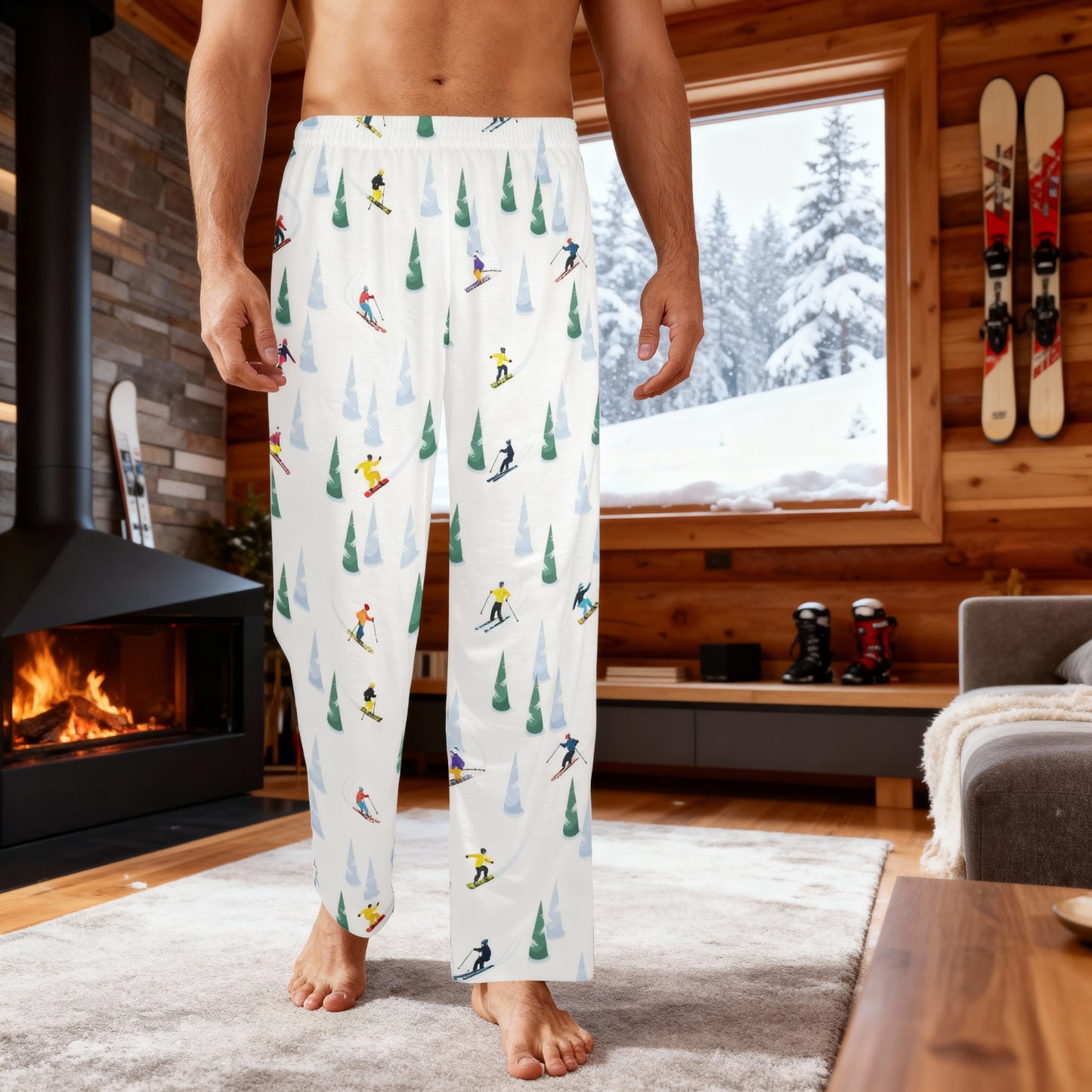 Ski Men Pajamas Pants, Snowboard Skier Themed Print Snow Winter Scene Trees PJ Pockets Sleep Family Matching Trip Trousers Bottoms Sleepwear