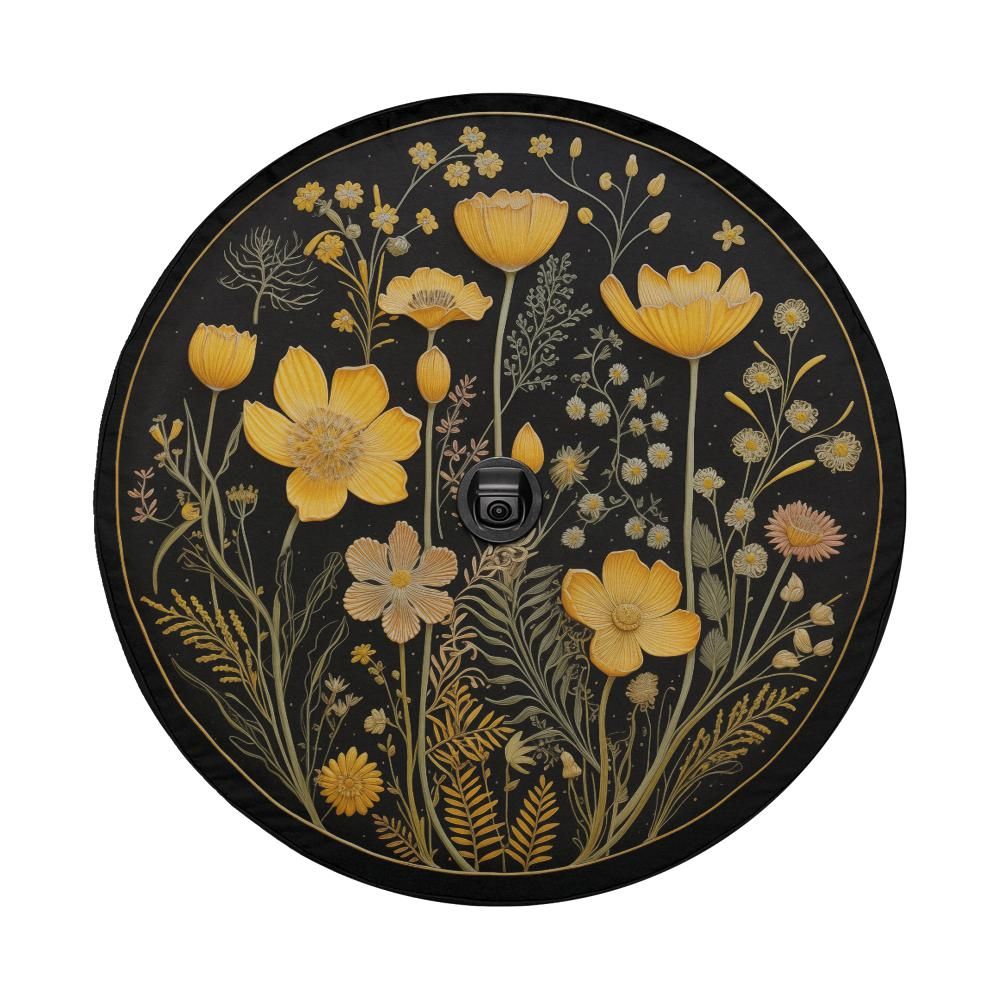 Yellow Flowers Spare Tire Cover, Faux Embroidery Printed Floral Wheel Accessories Unique Design Backup Camera Hole Trailer Back Women RV