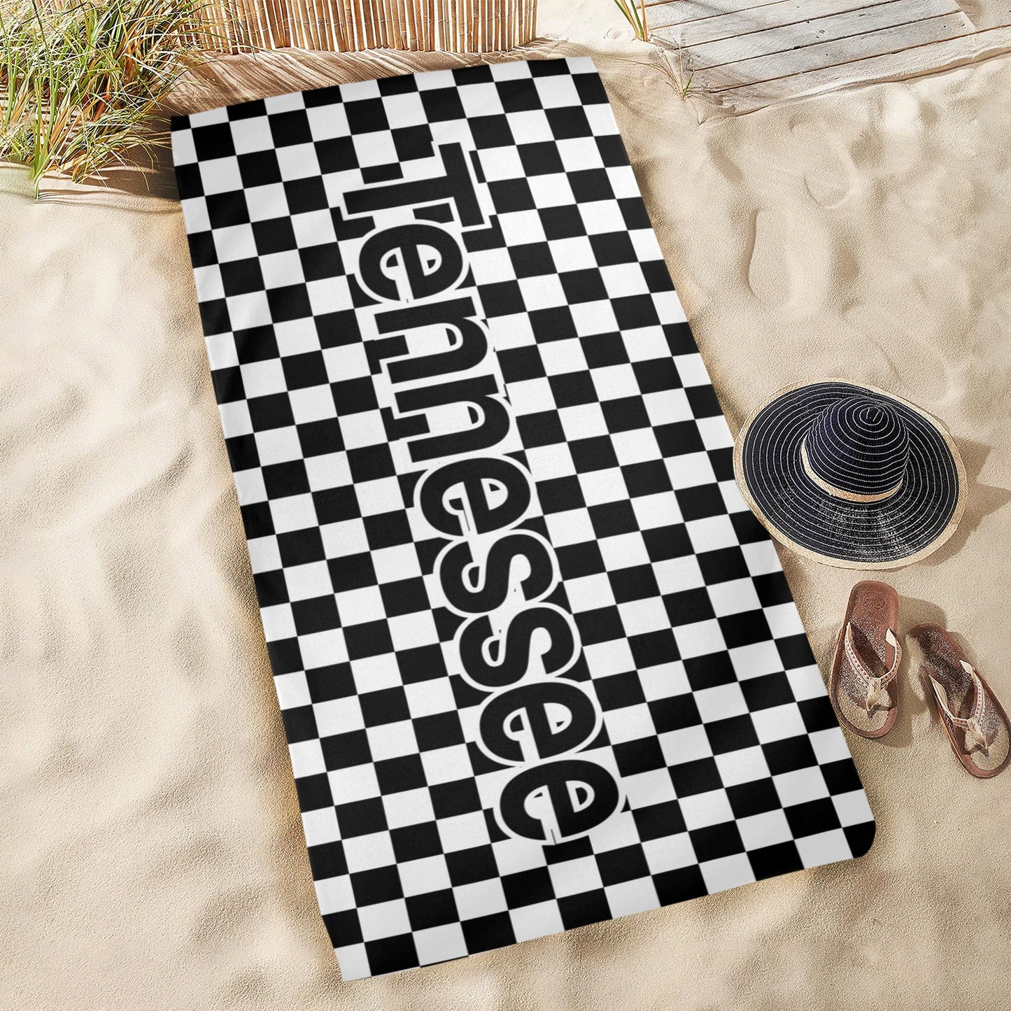 Custom Personalized Beach Towel, Name Checkered Black White Pool Microfiber Large Swim Luxury Quick Dry Kids Adult Men Women Cotton Blanket