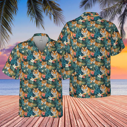 Tiger Men Hawaiian shirt, Animal Print Vintage Retro Summer Hawaii Aloha Tropical Beach Plus Size Cool Button Up Male Golf Shirt